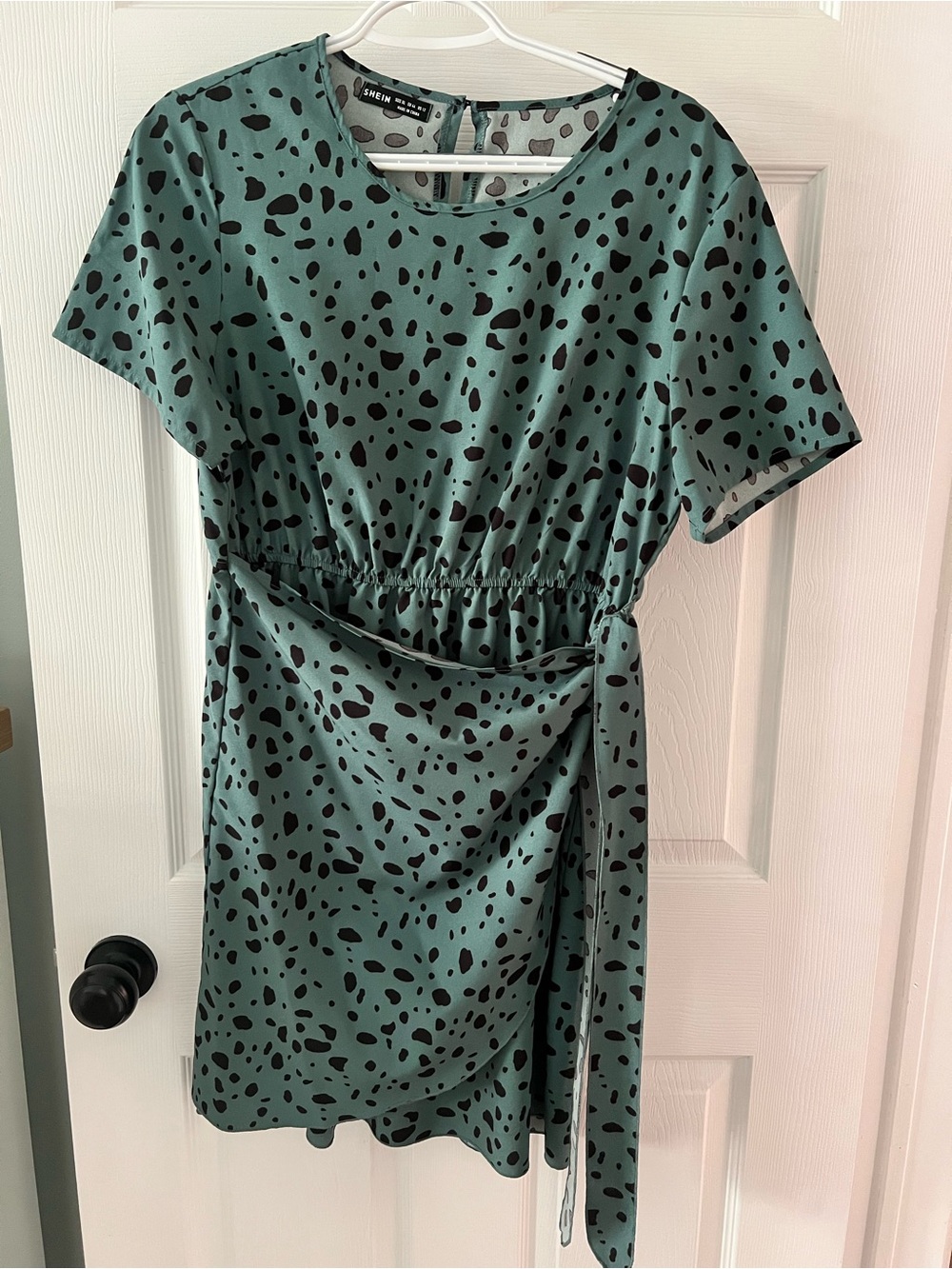 SHEIN Teal Green Dalmatian Print Tie-Waist Mini Dress